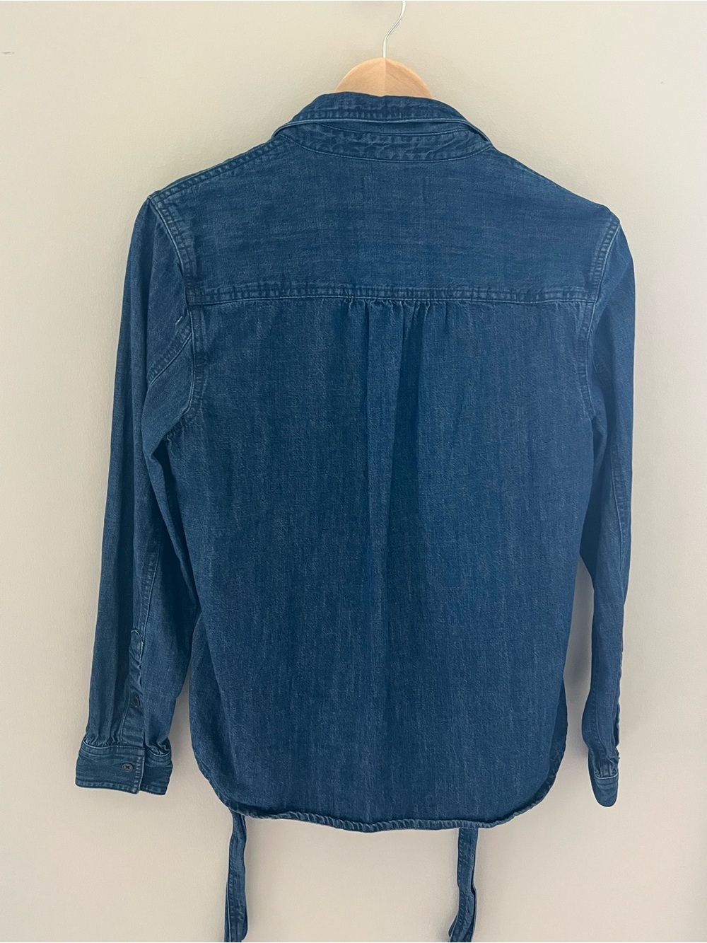 Madewell Tie-Neck Chambray Denim Button-Down Shirt Blouse Medium Blue Stretch - Picture 9 of 14